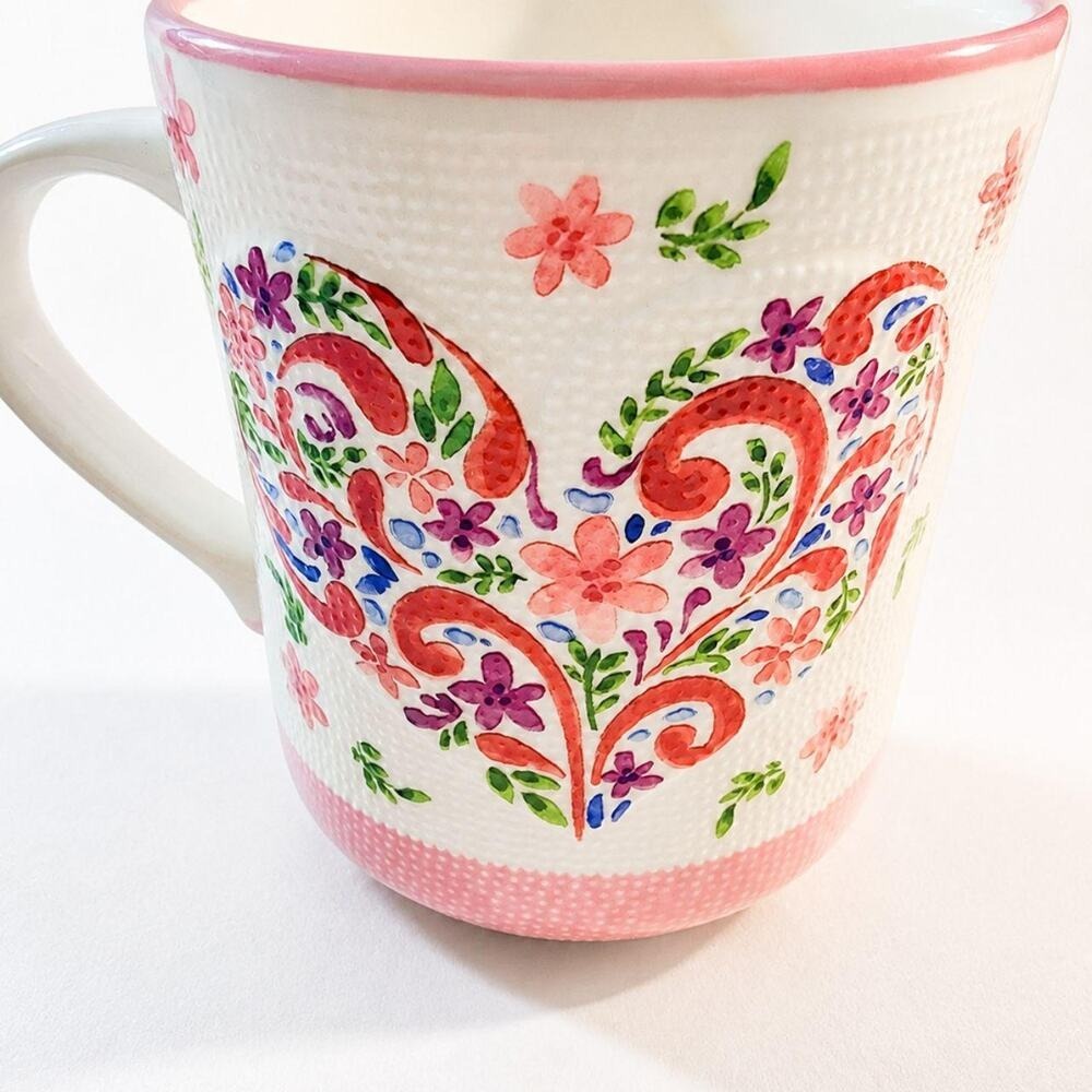 Petal & Pearl Floral Heart Coffee Mug Textured Pink Purple Watercolor Ceramic